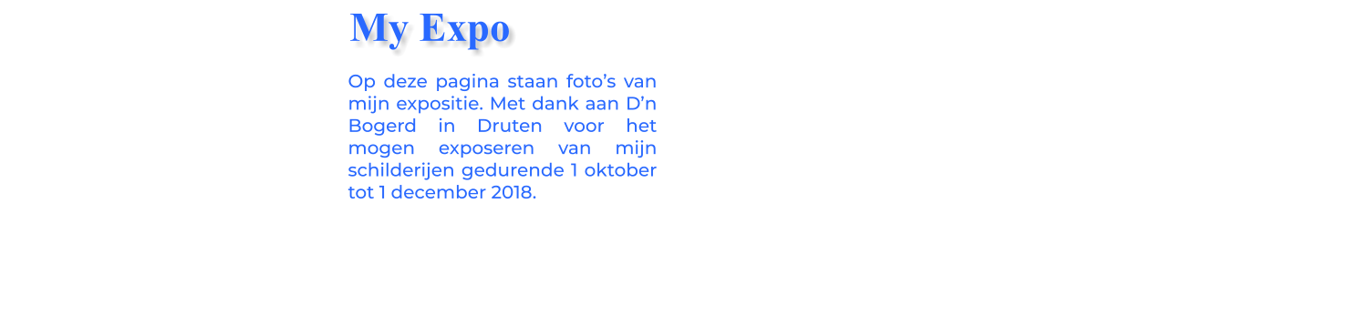 Op deze pagina staan foto’s van mijn expositie. Met dank aan D’n Bogerd in Druten voor het mogen exposeren van mijn schilderijen gedurende 1 oktober tot 1 december 2018. My Expo